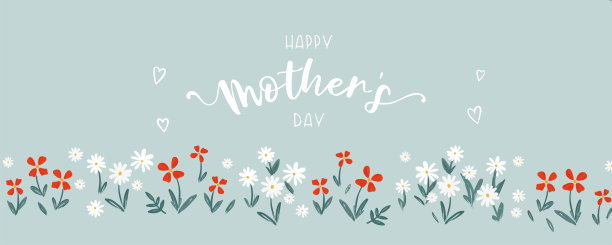 可爱的手绘母亲节设计，横幅与鲜花和文字图片下载