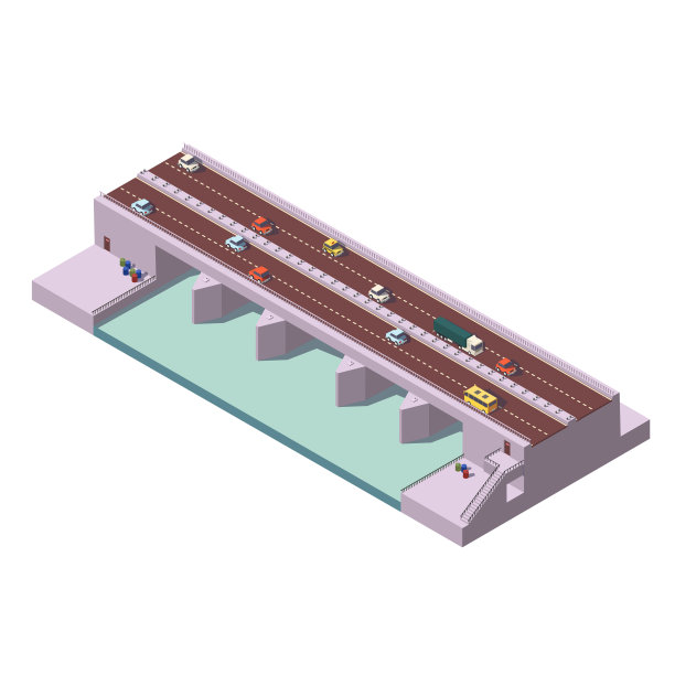 低聚轿车、卡车和公共汽车行驶在横跨河面的双道桥上。矢量等距图标或信息图元素。图片下载