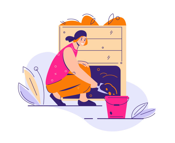 一位年轻的妇女把现成的堆肥从堆肥箱里倒进一个桶里。有机回收的概念，为花园施肥。矢量插图在平面卡通风格。图片下载