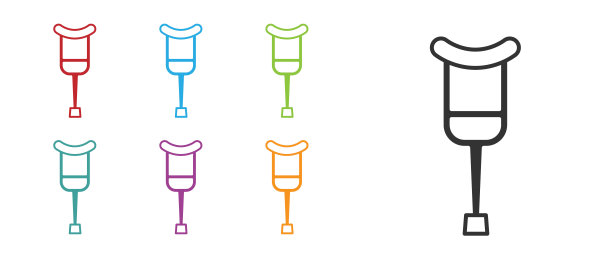 黑色拐杖或拐杖图标孤立的白色背景。肌肉骨骼系统疾病患者的康复设备。设置图标丰富多彩。向量图片下载