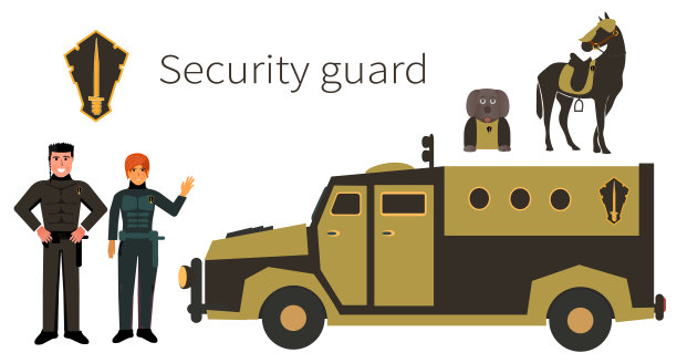 Encashmentors。军事警察。保安。特种部队。防暴警察。平的。 卡通。穿着黑色制服的年轻男女。黑色的车。装甲车。安全标志。 白色background.Vector。图片下载