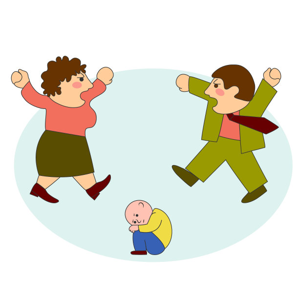 愤怒的父母发誓，男孩坐在悲伤和孤独。矢量彩色图像。图片下载