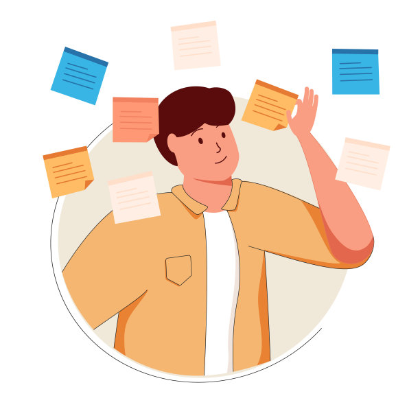 专注的年轻男性员工把想法写在办公室玻璃墙的便利贴上。手绘风格矢量设计。图片下载