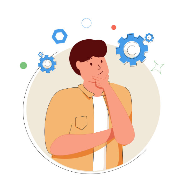 技术思维、可爱的卡通机制或被飞行齿轮包围的开发者。产品开发、科学。图片下载