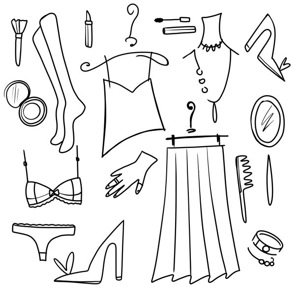 可爱的涂鸦套装女装和配件。上衣，裙子，内衣，鞋子，镜子，珠宝，袜子，梳子，墨水图片下载