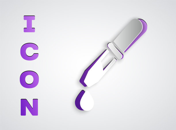 剪纸吸管图标孤立在灰色背景。医疗，化学实验室设备的元素。吸管与下降。医学的象征。纸艺术风格。向量图片下载