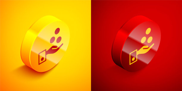 在餐厅和酒店，人们付给服务员小费的时候，橙色和红色背景上的图标是孤立的。小费钱现金硬币酒店度假服务。圆按钮。向量图片下载