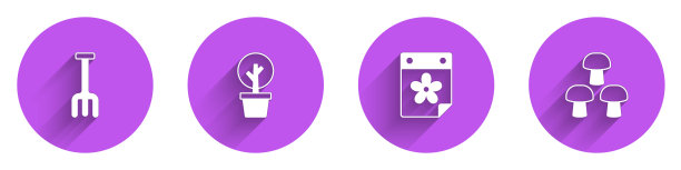 设置花园耙，森林，日历与花和蘑菇图标与长影子。向量图片下载