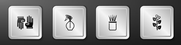 设置橡胶手套，水喷雾瓶，植物在花盆和常青藤枝图标。银广场按钮。向量图片下载