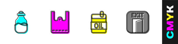 设置香料在罐头，纸袋，橄榄油瓶和消防出口图标。向量图片下载