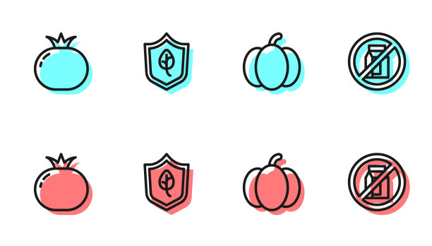 设置南瓜、番茄、素食饮食和无包牛奶图标。向量图片下载