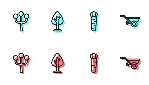 设置线胡萝卜，开花树枝，森林和手推车与污垢图标。向量图片下载