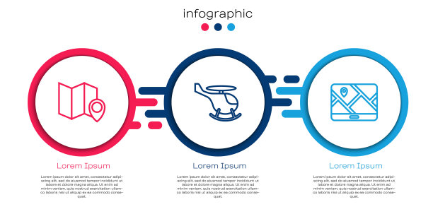 折叠地图与位置标记，直升机和城市导航。业务信息模板。向量图片下载