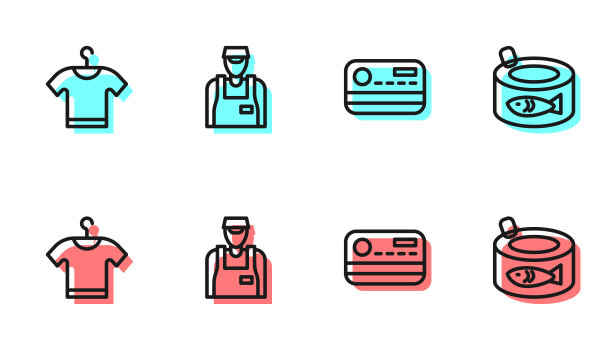设置行信用卡，t恤，卖方和罐头鱼图标。向量图片下载