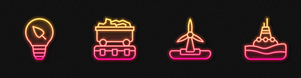 安装风力发电机、叶片灯泡、煤炭火车、海上浮筒等。发光的霓虹灯图标。向量图片下载