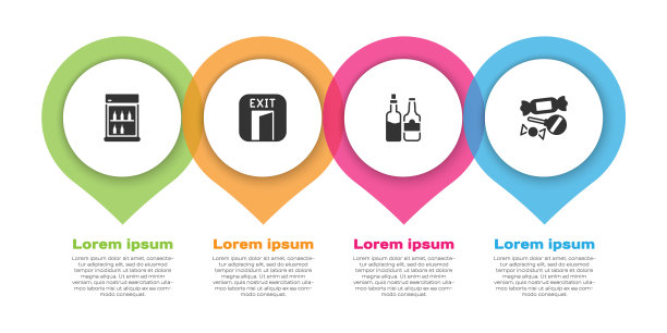 设置商用冰箱，消防出口，威士忌酒瓶和糖果。业务信息模板。向量图片下载