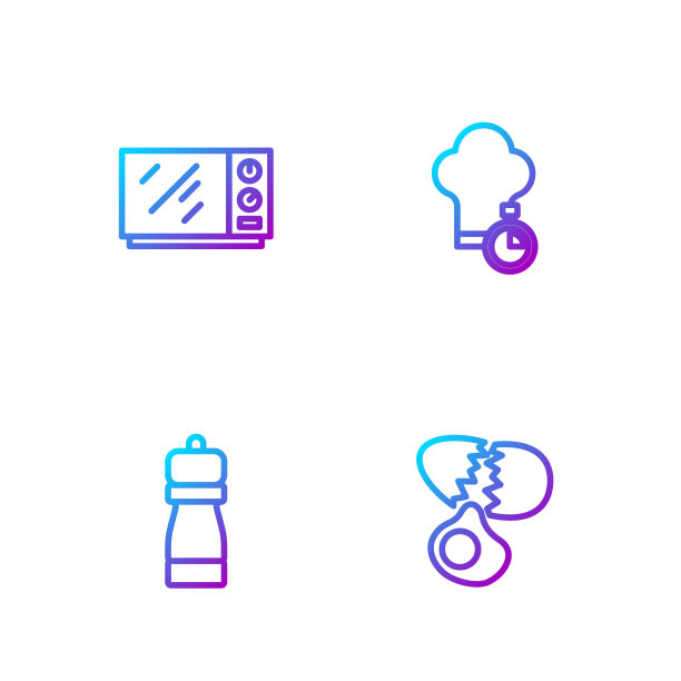 鸡蛋，辣椒，微波炉，厨师帽。渐变颜色图标。向量图片下载