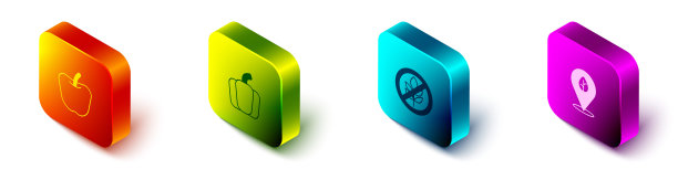 设置等长苹果，甜椒，无谷蛋白谷物和素食饮食图标。向量图片下载