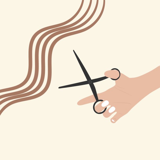 卷曲的头发和拿着理发剪刀的手。矢量插图。图片下载