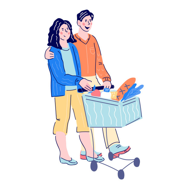 年轻夫妇在超市购物，卡通病媒孤立。图片下载