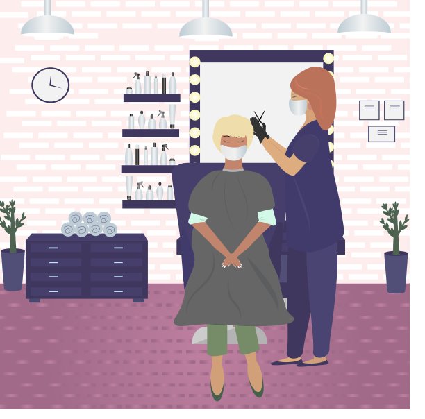 矢量插图的一个蒙面和手套理发师给一个女人在美容院理发。使用个人防护用品参观理发店。图片下载