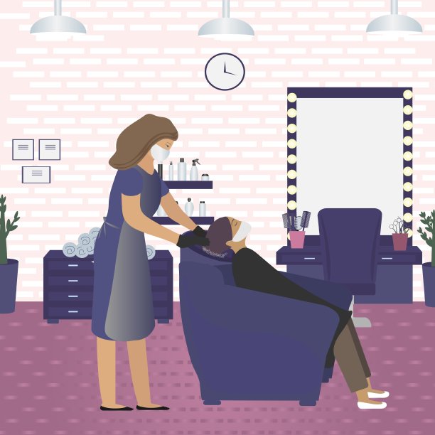 矢量插图的蒙面和戴手套的理发师洗一个女孩的头发在美容院。参观理发店，遵守卫生标准，佩戴个人防护用品。图片下载