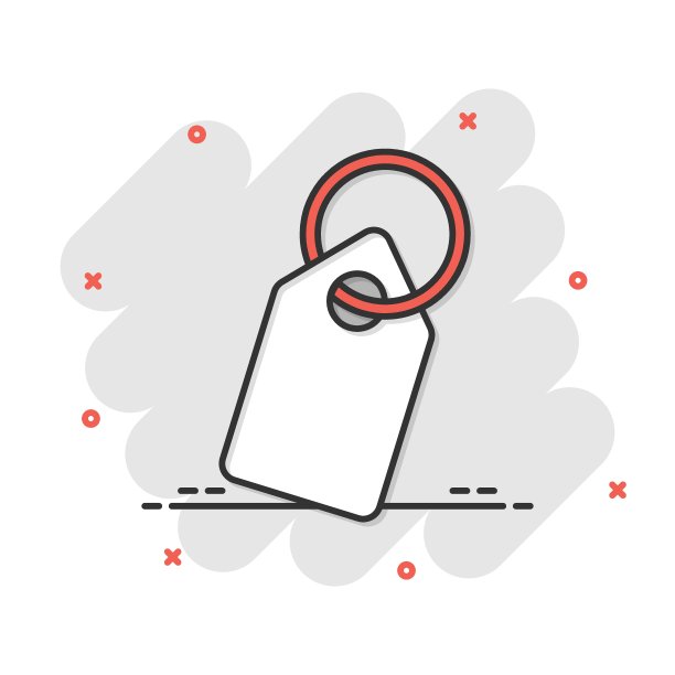 价格标签图标在漫画风格。标签卡通矢量插图在白色孤立的背景。促销优惠券飞溅效应的经营理念。图片下载