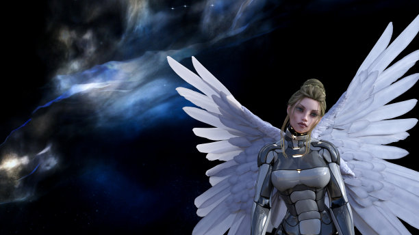 在太空中穿着灰色宇航服的有翅膀的女人，在星云和星星的背景下看起来很悲伤。图片下载