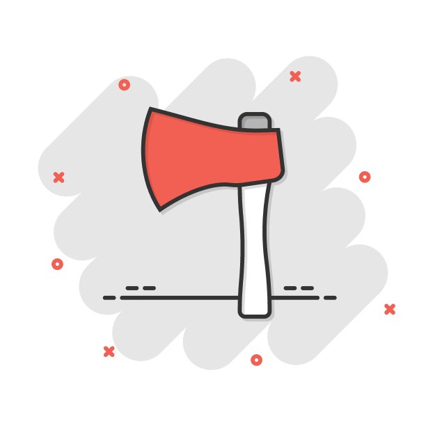 漫画风格的斧头图标。伐木工卡通矢量插图在白色孤立的背景。叶片飞溅效应的经营理念。图片下载