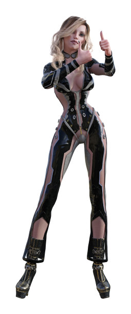 插图的一个女人与蜂蜜金发在一种形式适合的紧身衣与两个拇指在一个白色的背景。图片下载