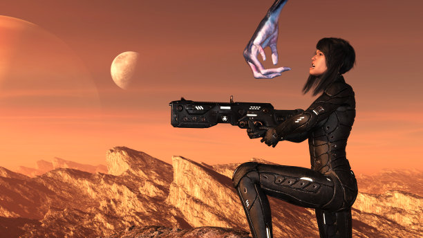 一个未来主义的女兵在一个红色的世界上跪在恐惧中，一个外星人伸手去抓她的脸。图片下载