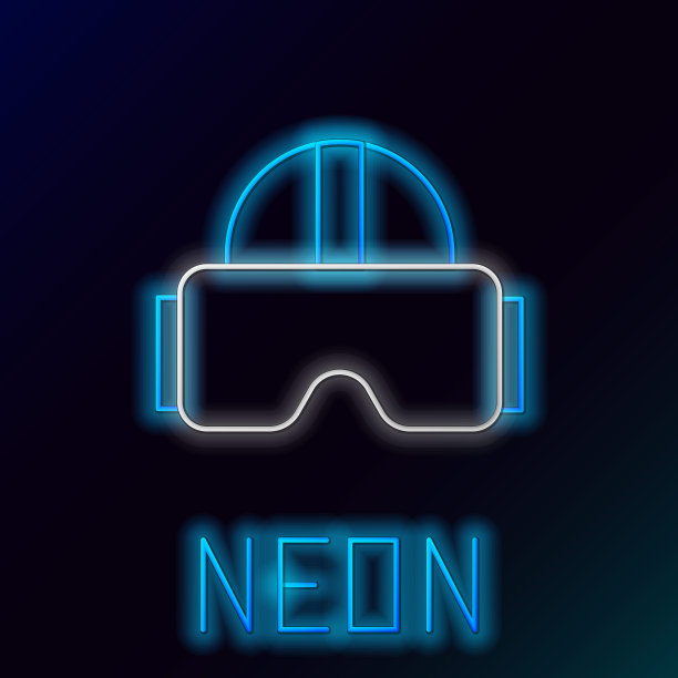 发光的霓虹灯线虚拟现实眼镜图标孤立在黑色背景。立体3d vr面具。色彩斑斓的轮廓的概念。向量图片下载