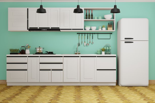 现代绿色厨房室内设计，3d渲染背景图片下载