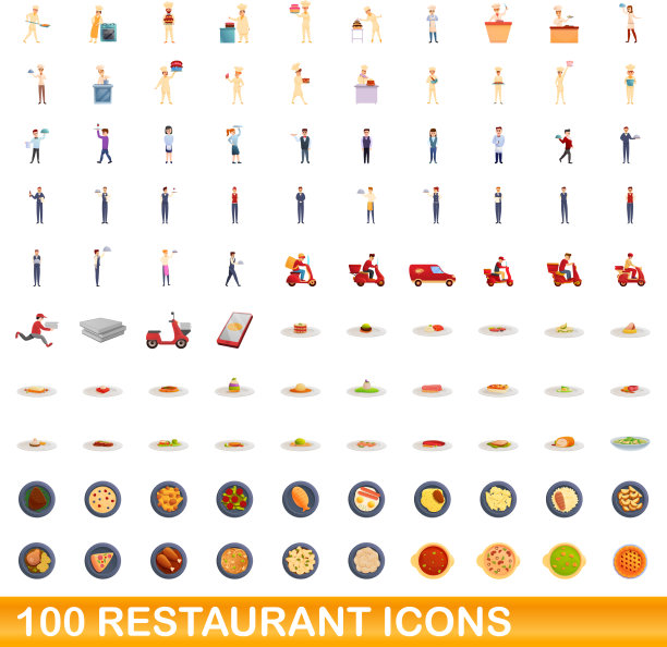 100家餐厅卡通风格的图标设置图片下载