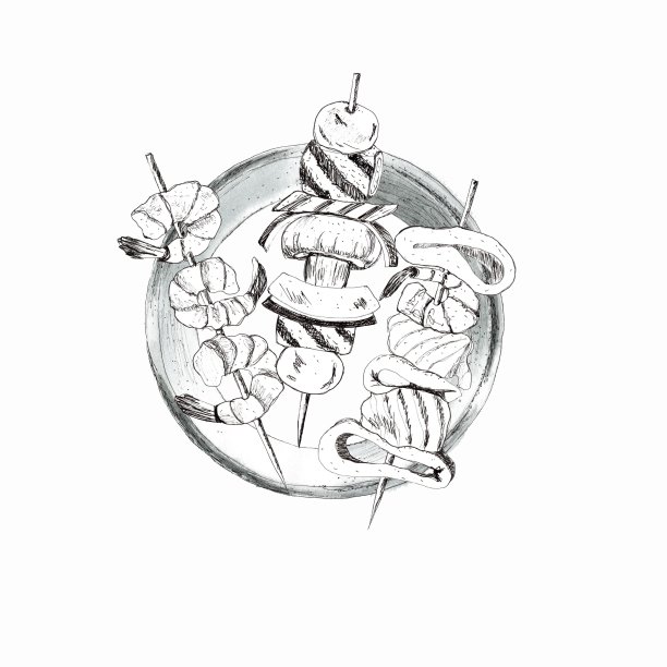 串在盘子里混合。图形蔬菜,海鲜。虾、樱桃西葫芦、蝴蝶结、甜椒、鱿鱼、鲑鱼、香槟。手绘插图。酒吧和餐厅菜单的图形图片下载