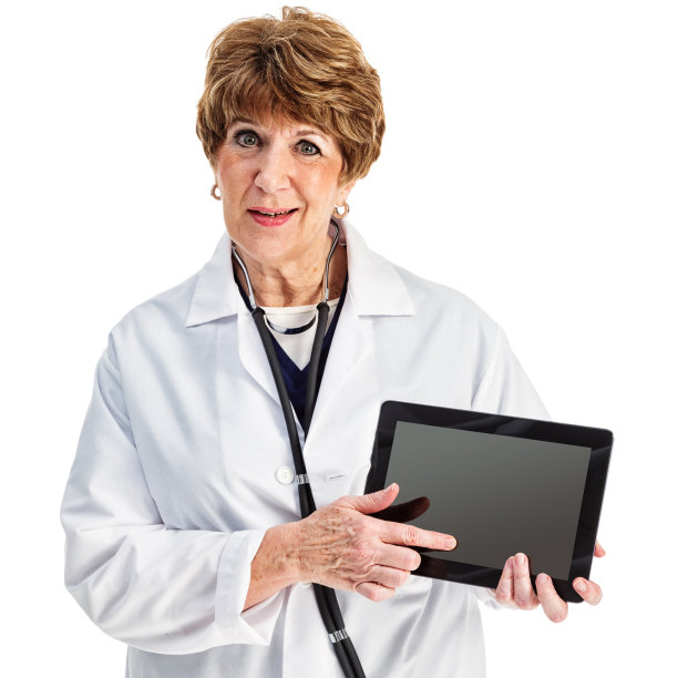 女医生用数字平板电脑关切地指着屏幕图片下载