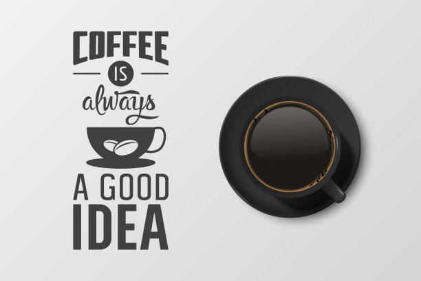 矢量3d现实黑色陶瓷杯黑咖啡-浓咖啡，摩卡，美式咖啡。咖啡杯与排版引用，短语关于咖啡。股票插图。设计模板。俯视图图片下载