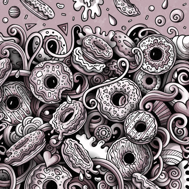 甜甜圈手绘矢量涂鸦插图。糖果框卡设计图片下载