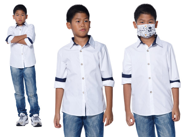 全身10个亚洲男孩短发休闲衬衫孤立图片下载