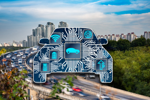 快速移动的汽车和现代城市背景。汽车芯片插图和几个图标。图片下载