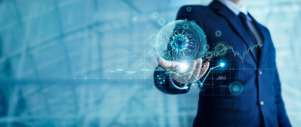 商人拿着虚拟的冠状病毒地球仪和股市图表图标。2019冠状病毒病大流行对企业财务困境的影响和对全球经济危机的影响。图片下载