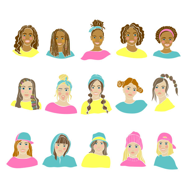 美国青少年黑人女孩。大集合。美丽的女人面对矢量插图。孤立平面向量。欢快的微笑，快乐的孩子肖像。积极的模型。社会的多样性。图片下载