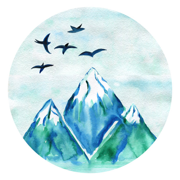 水彩风景画在一个圆圈里，有山有鸟。山探险。为明信片打印，为t恤画插图图片下载