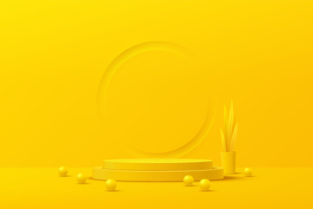 抽象黄色圆柱形平台，基座用球形球体。种植花盆和叶子装饰。明亮的黄色最小墙场景与浮雕圈。矢量渲染3d形状的产品展示展示图片下载