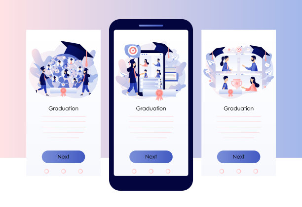 网上毕业。毕业生获得文凭，并通过视频交流。在社交距离方面的教育。屏幕模板的移动，智能手机应用程序。现代平面卡通风格。矢量图图片下载