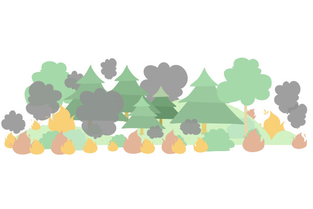 森林火灾平面矢量图。针叶林发生危险的野火。燃烧的森林。全球变暖，自然灾害。冷杉在火焰中，烟雾在空气中。枯林，松火。图片下载