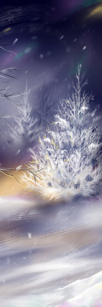 水彩紫夜冬木森林冷杉雪景观数字艺术图片下载