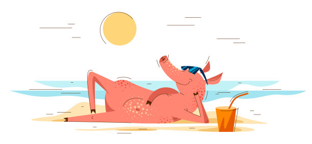 有趣的卡通猪躺在海边的暑假休息矢量插画，快乐地享受动物猪人物画。图片下载