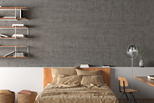 工业风格卧室的空白混凝土墙模拟。图片下载
