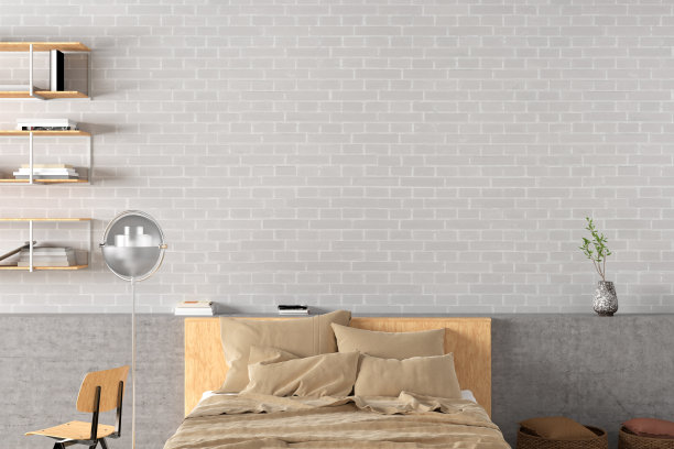 空白白砖墙阁楼风格的卧室模拟。图片下载